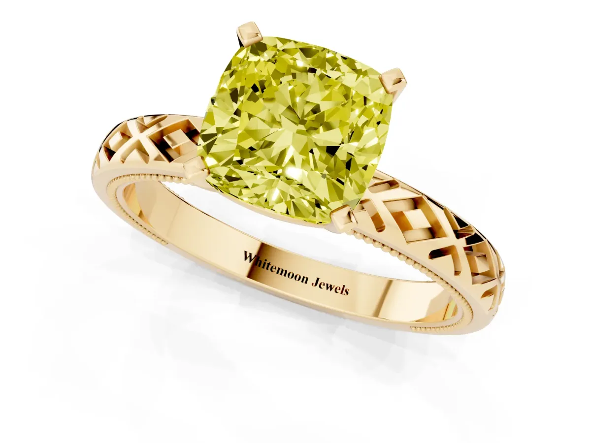 Fancy Yellow Cushion Cut Solitaire Diamond Ring with Milgrain and Black Enamel X Pattern Band Yellow gold
