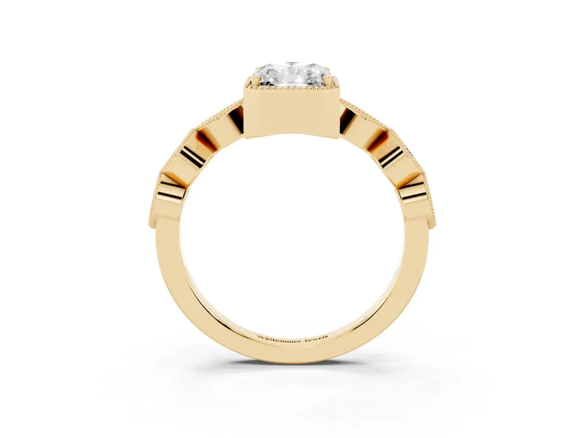 Radiant Cut Diamond Vintage Milgrain Ring with Round Stations Yellow gold