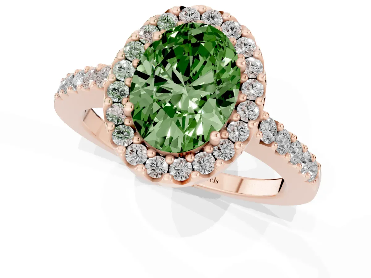 Fancy Green Oval Cut Halo Diamond Pavé Solitaire Ring Rose gold