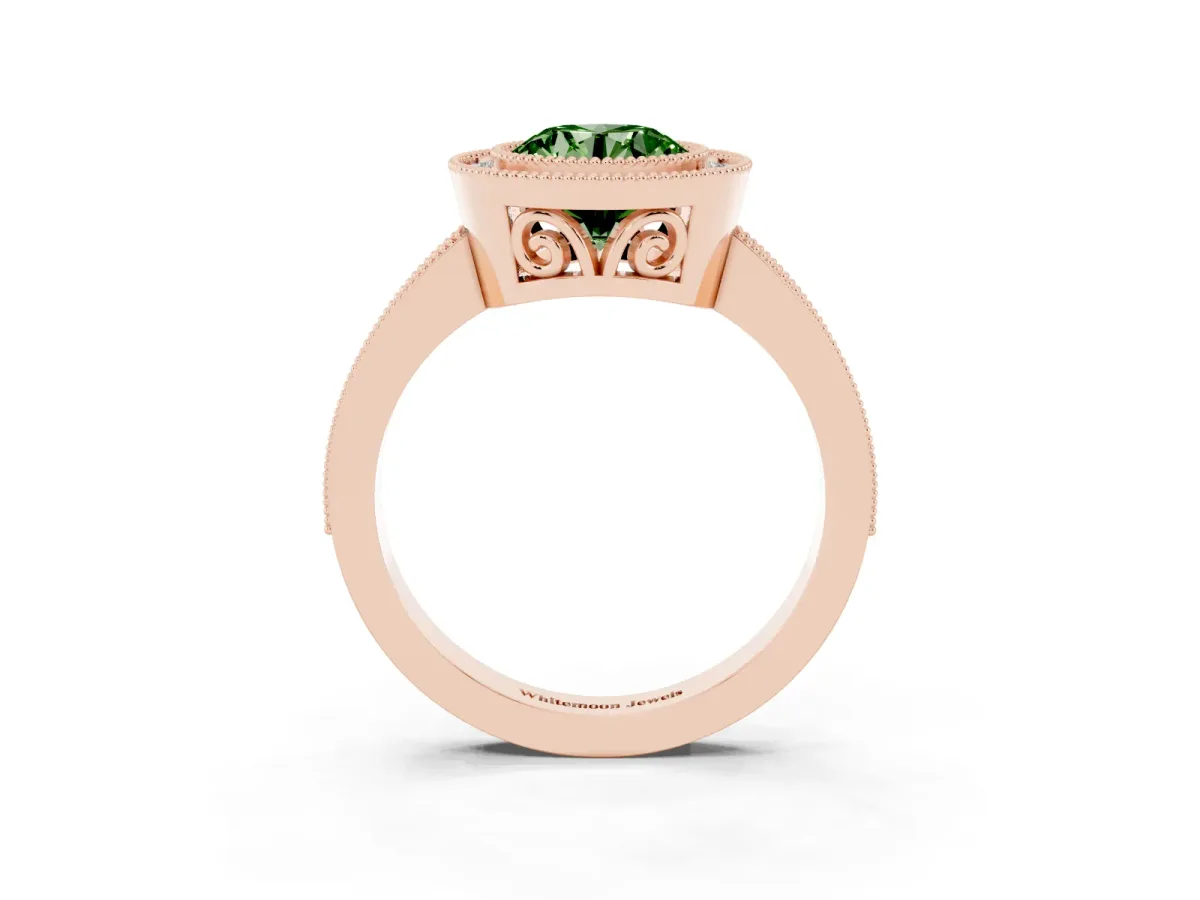 Fancy Green Round Cut Cut Halo Diamond Ring with Pavé Band and Milgrain Prong Setting Rose gold