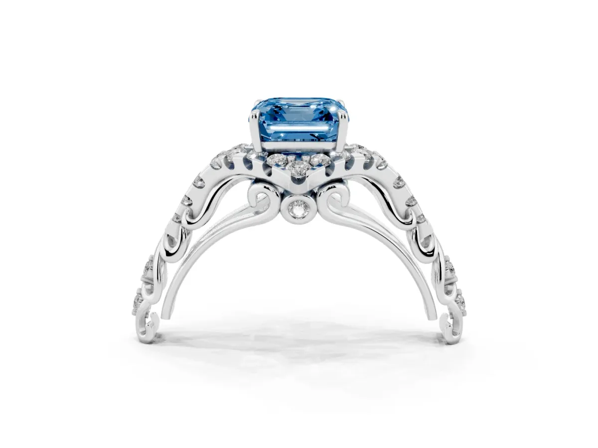Fancy Blue Asscher Cut Diamond Solitaire Ring with Hidden Halo and Pavé Band Platinum