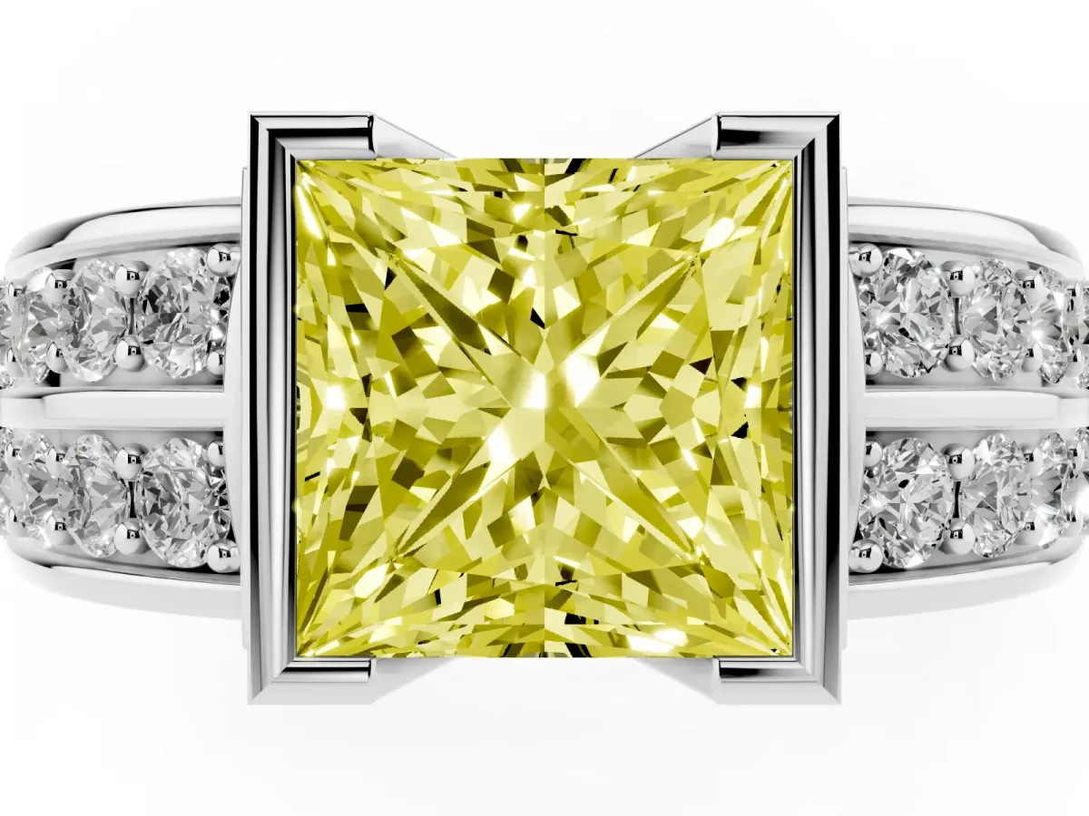 Fancy Yellow Princess Cut Brilliant Diamond Channel Set Wide Band Ring with Bezel Setting Silver