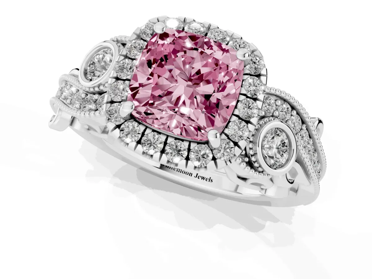 Fancy Pink Cushion Cut Diamond Halo Ring with Milgrain Pavé Band and Four-Prong Setting Silver