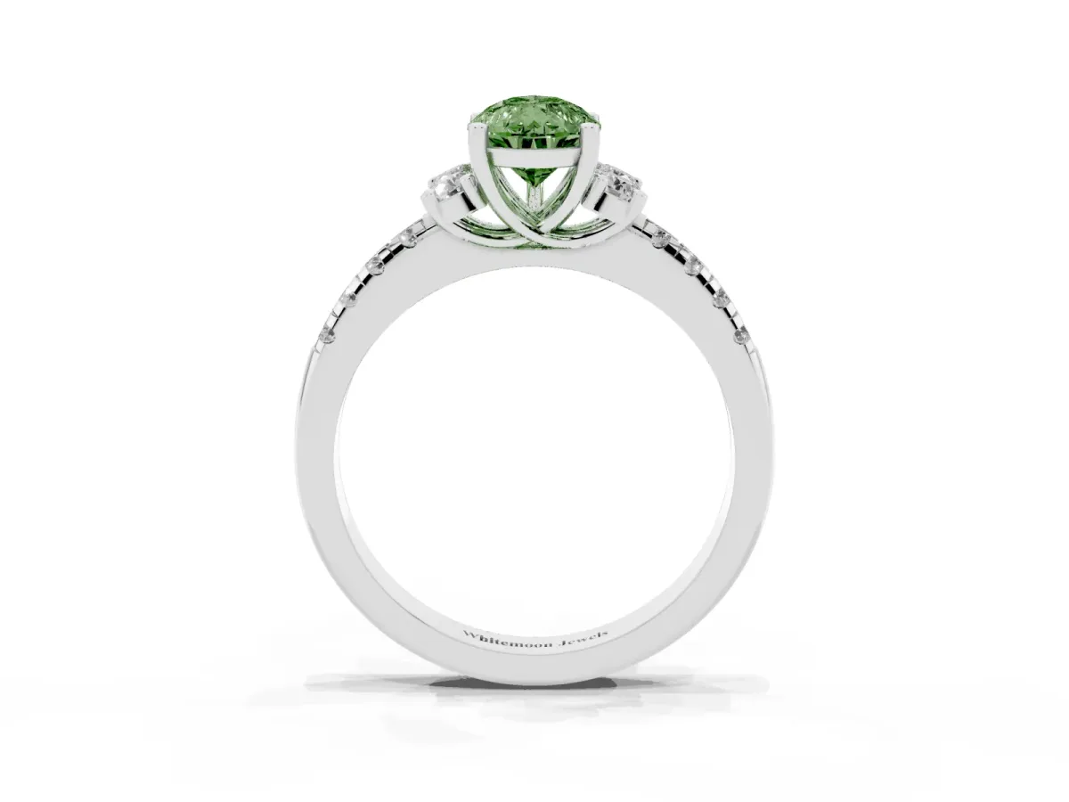 Fancy Green Pear Cut Diamond Three-Stone Pave Band with Four-Prong Setting Silver