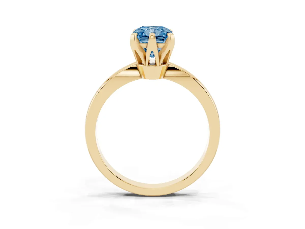 Fancy Blue Radiant Cut Solitaire Engagement Ring with Six-Prong Setting and Tapered Band Yellow gold