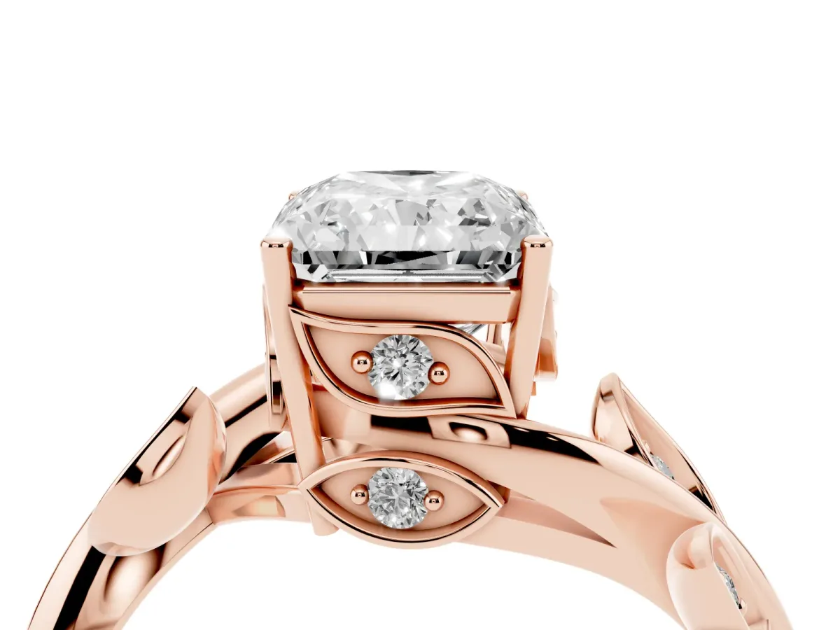 Radiant Cut Solitaire Twist Engagement Ring with Leaf Accents and Prong Setting Rose gold