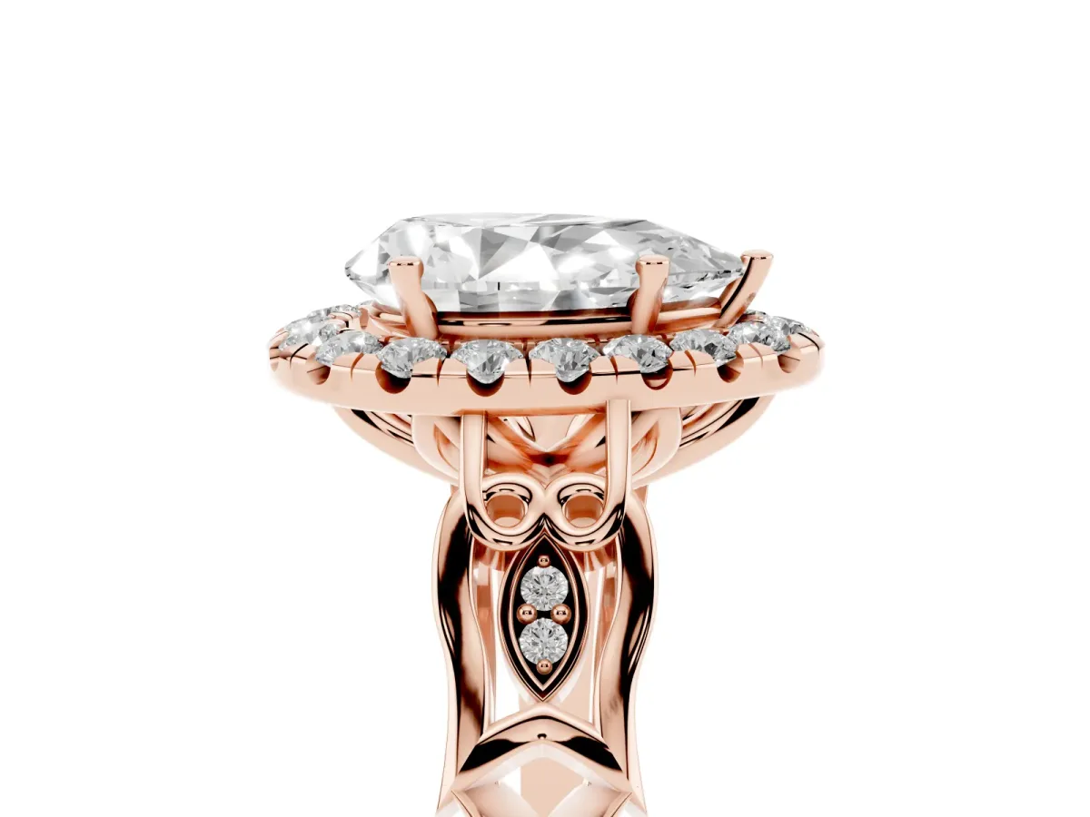 Pear Cut Halo Diamond Engagement Ring with Filigree Band and Four-Prong Setting Rose gold