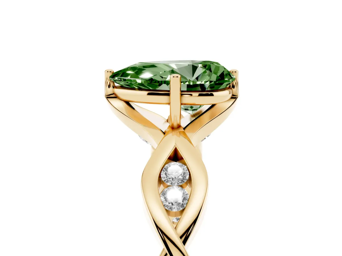 Fancy Green Pear Cut Solitaire Twist Band with Leaf Prong Setting Yellow gold