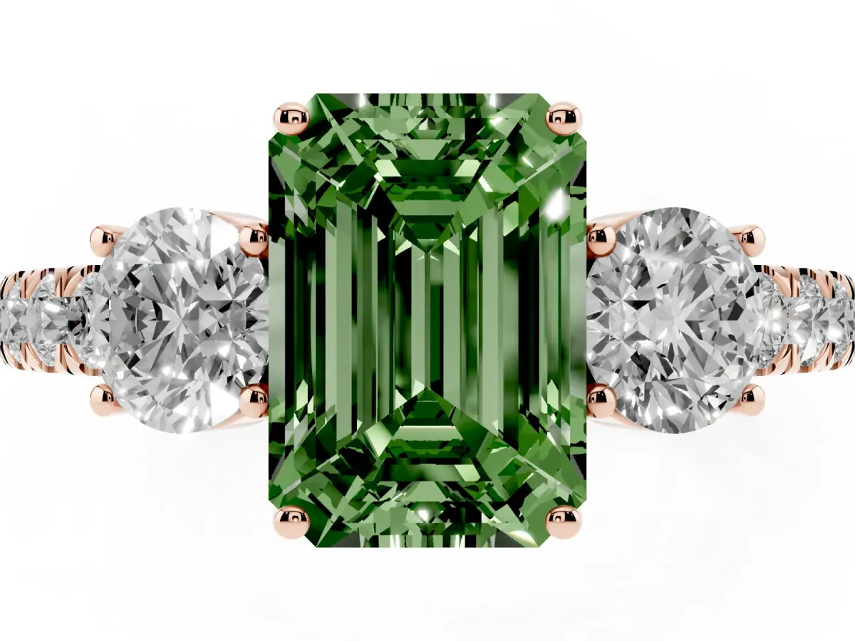 Fancy Green Emerald Cut Cut Diamond Three-Stone Ring with Round Side Stones and Pavé Band Rose gold