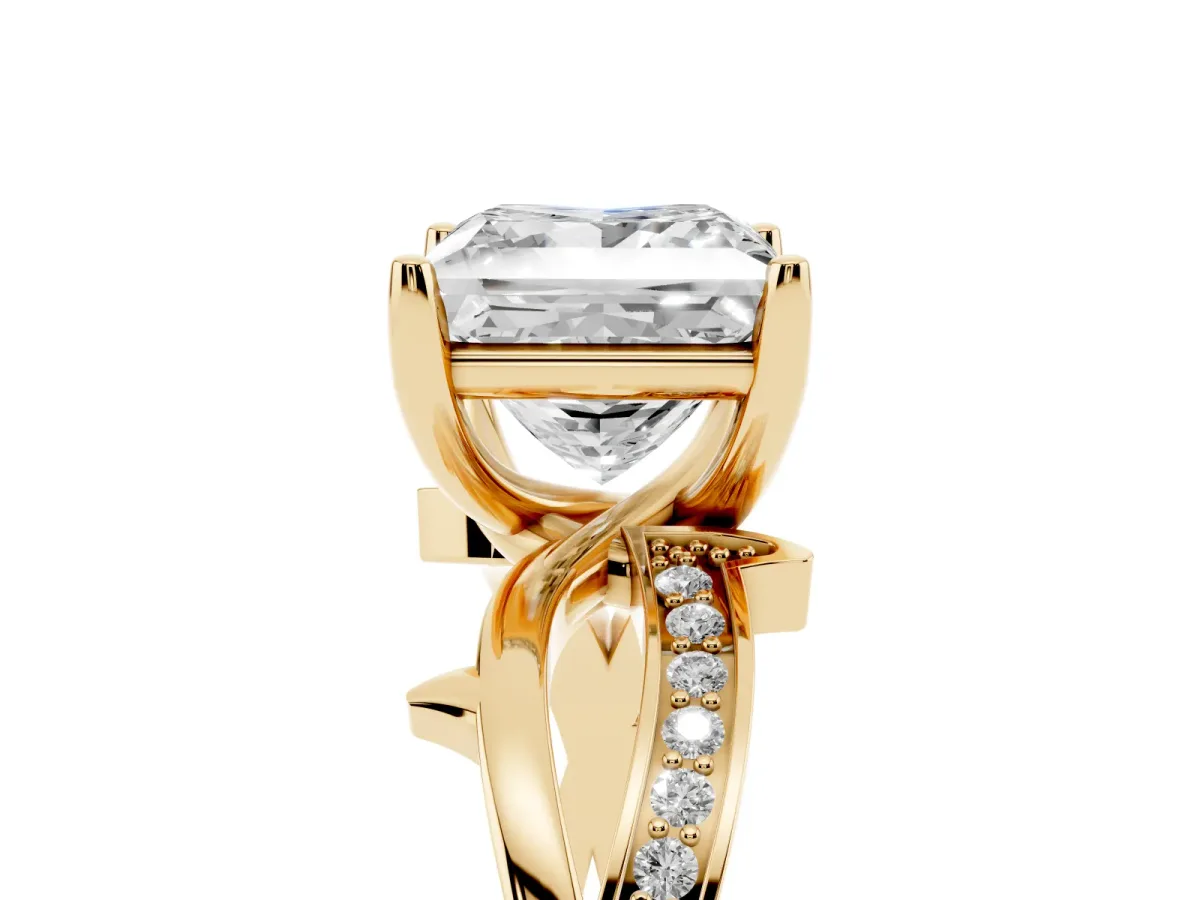 Princess Cut Solitaire Twist Band with Pavé Accents and Four-Prong Setting Yellow gold