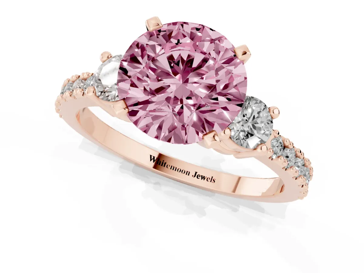 Fancy Pink Round Cut Three-Stone Diamond Pavé Band with Prong Setting Rose gold