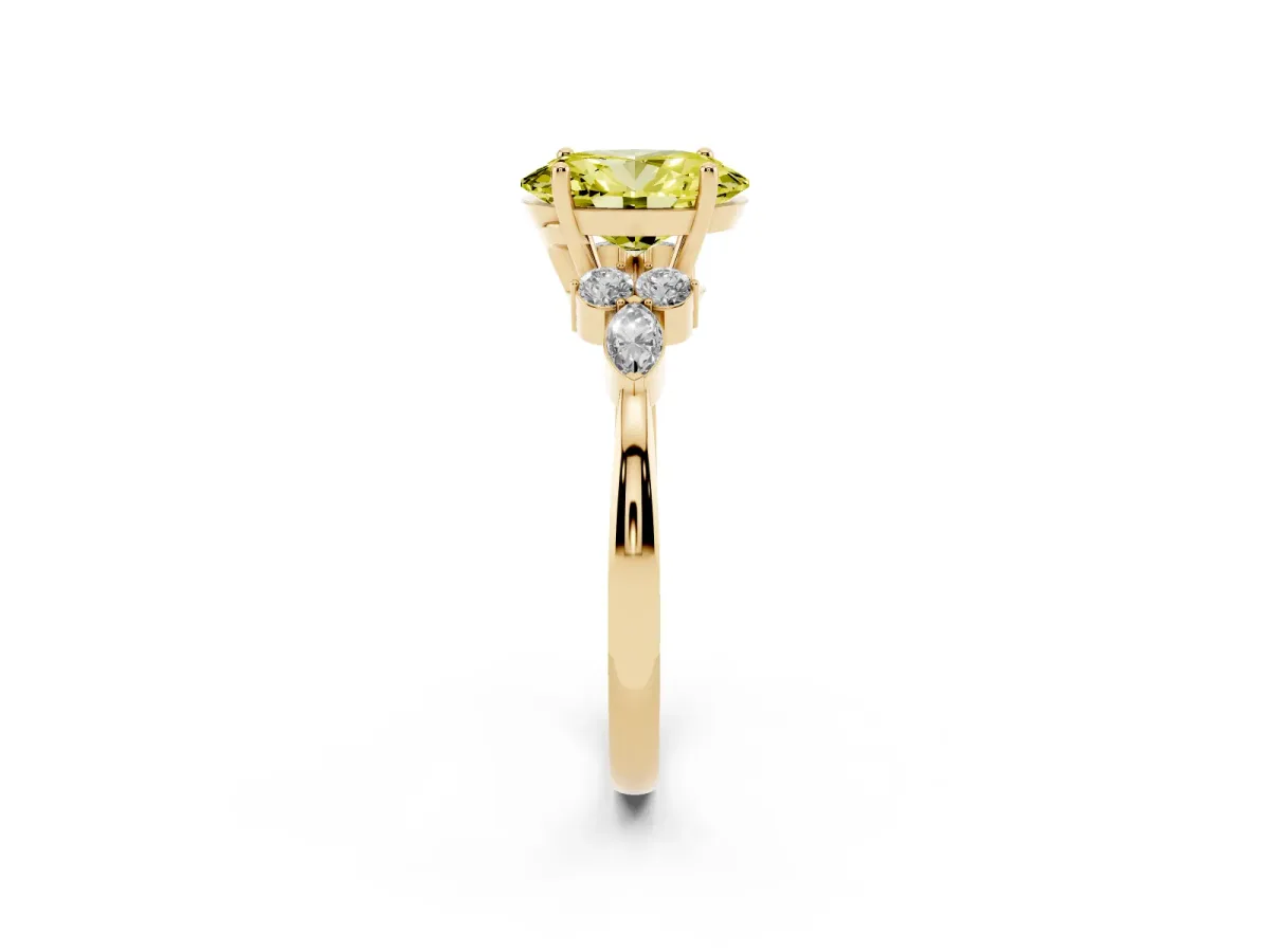 Fancy Yellow Oval Cut Brilliant Diamond Solitaire Ring with Pear Side Stones and Four-Prong Setting Yellow gold