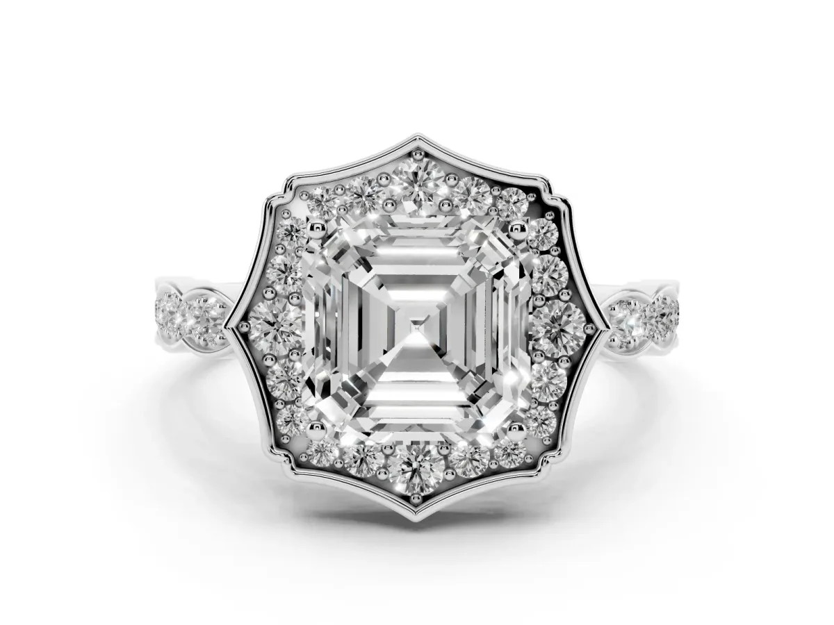 Asscher Cut Halo Diamond Engagement Ring with Milgrain Band and Four-Prong Setting Silver
