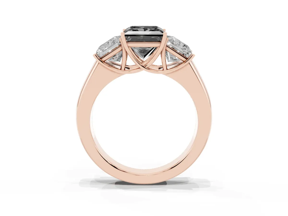 Fancy Black Three-Stone Princess Cut Cut Diamond Ring with Prong Setting and Classic Band Rose gold
