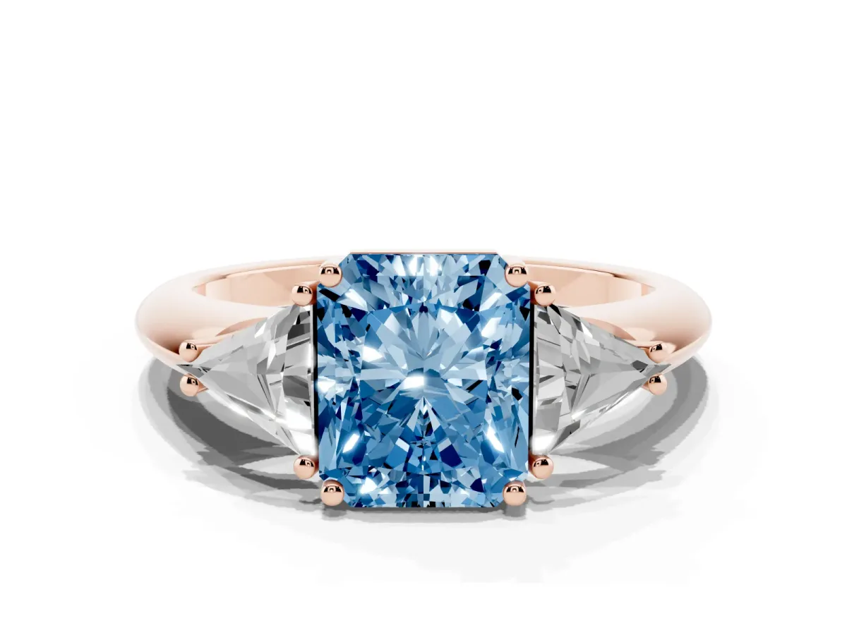 Fancy Blue Three-Stone Radiant Cut Diamond Engagement Ring with Trillion Side Stones and Prong Setting Rose gold