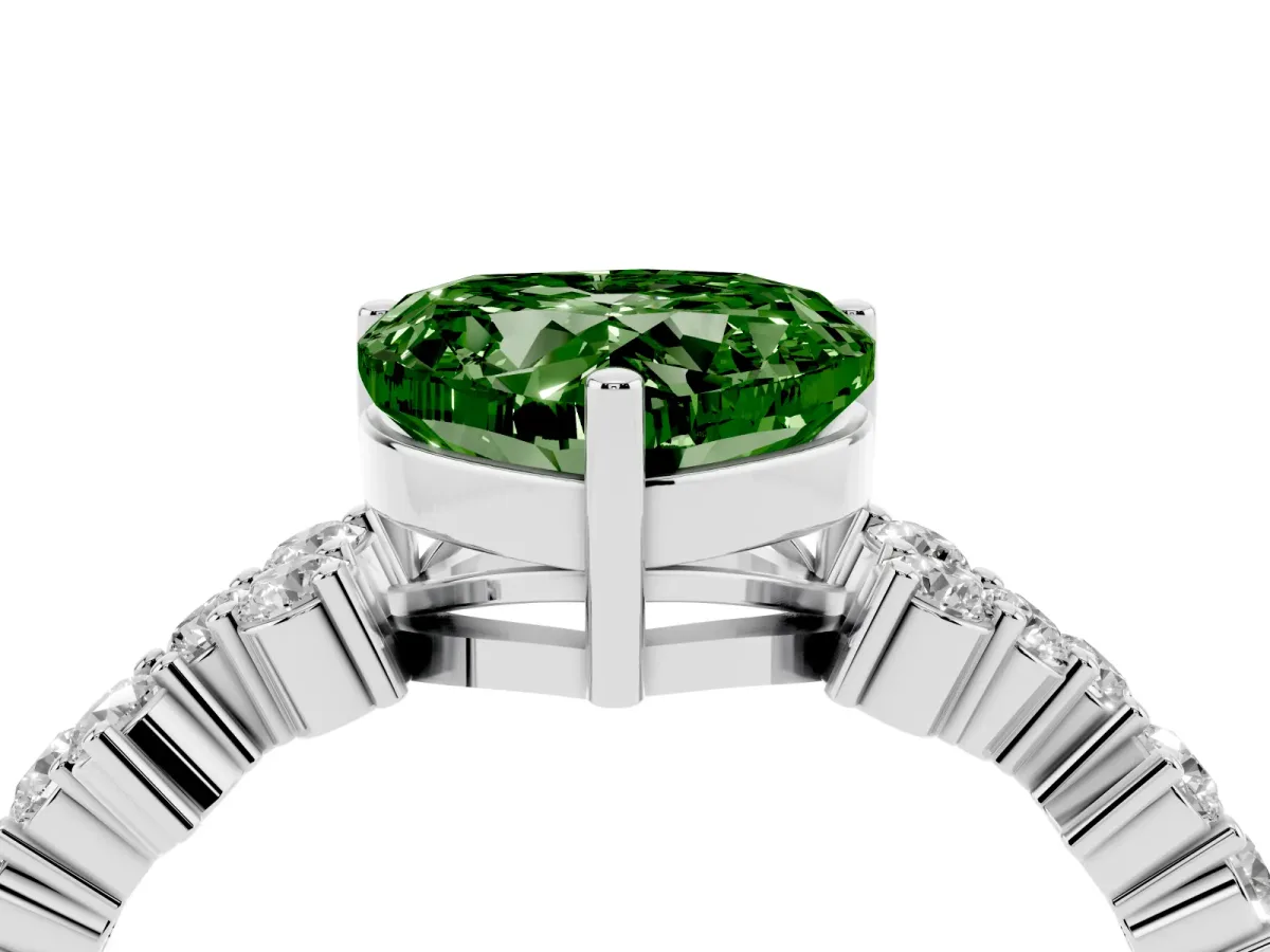 Fancy Green Heart Cut Diamond Scattered Round Accent Ring with Prong Setting White gold