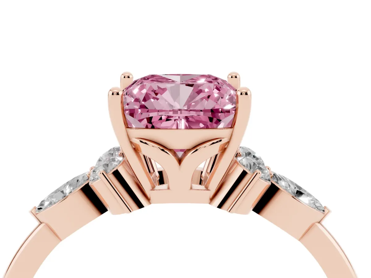 Fancy Pink Cushion Cut Brilliant Diamond Solitaire Ring with Pear Side Stones and Four-Prong Setting Rose gold