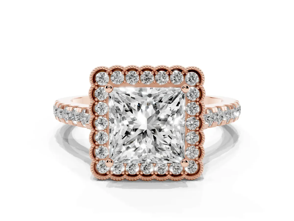 Princess Cut Cut Diamond Milgrain Floral Halo Engagement Ring with Pavé Band Rose gold