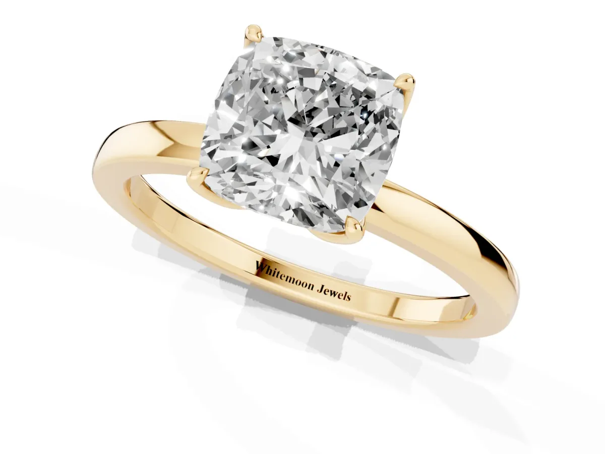 Cushion Cut Diamond Solitaire Ring with Thin Band and Prong Setting Yellow gold