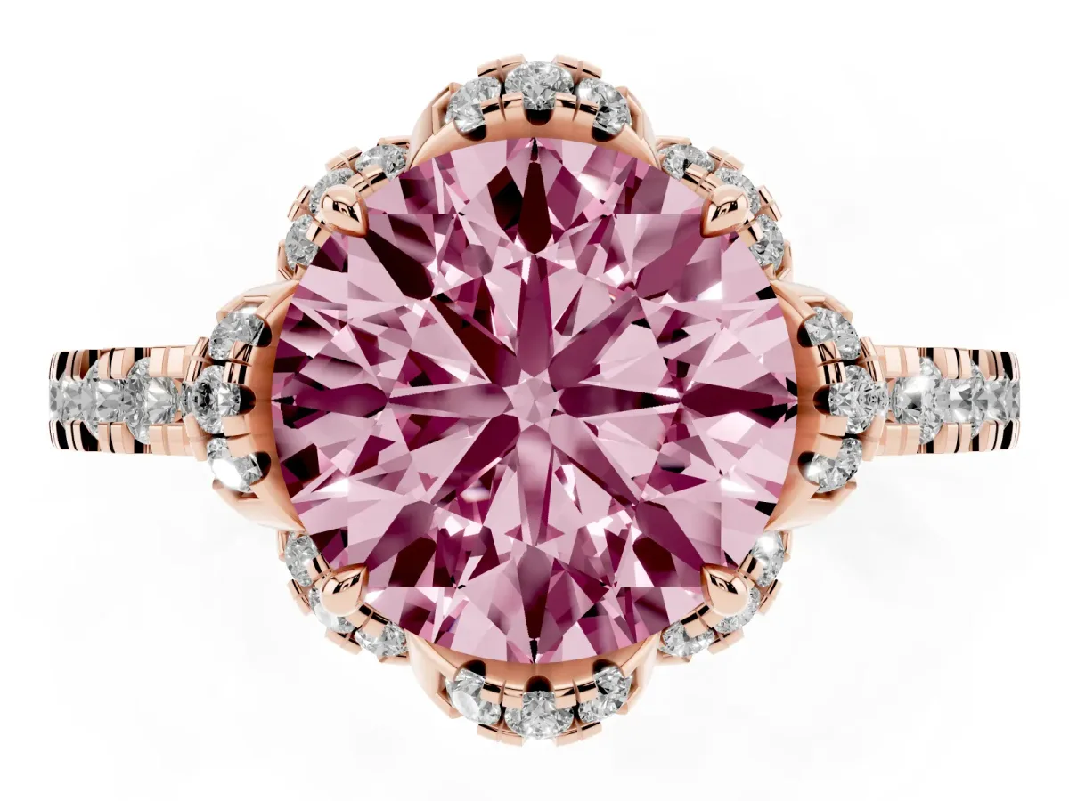 Fancy Pink Round Cut Halo Diamond Pave Band Ring with Four-Prong Setting Rose gold