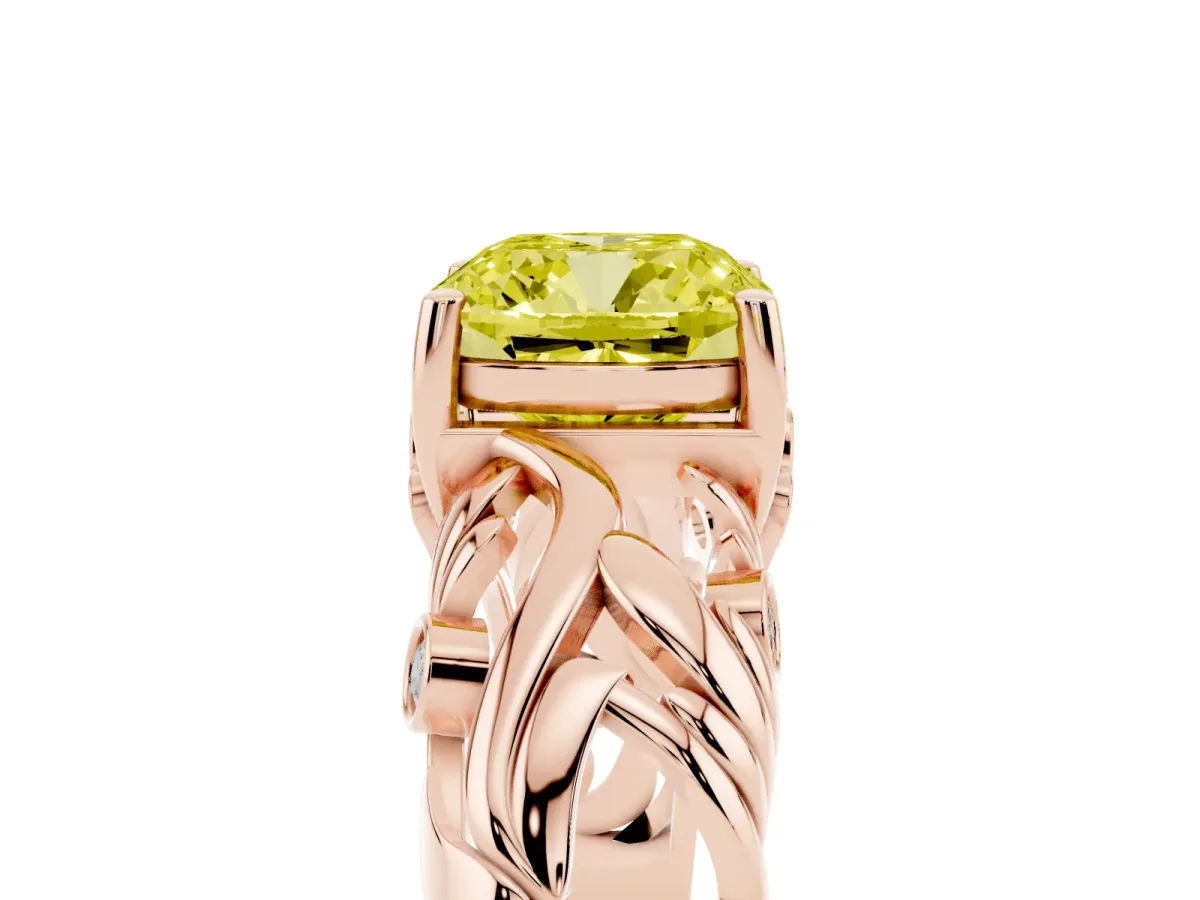Fancy Yellow Cushion Cut Solitaire Diamond Leaf-Inspired Vine Band Ring with Prong Setting Rose gold