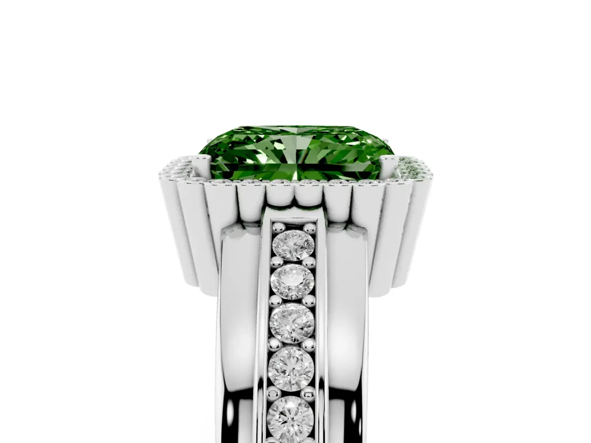 Fancy Green Radiant Cut Cut Halo Pave Band Four-Prong Ring Silver