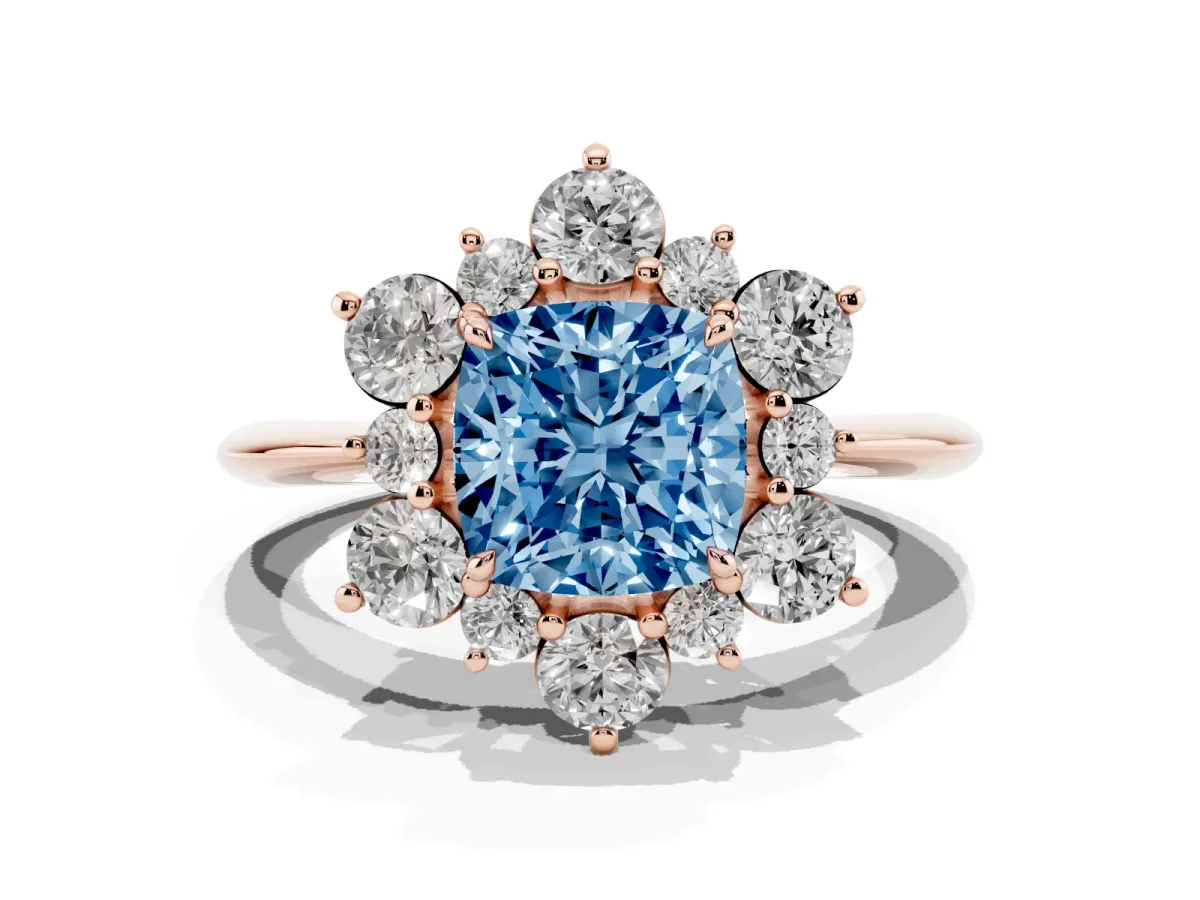 Fancy Blue Cushion Cut Diamond Cluster Halo Ring with Solitaire Band and Four-Prong Setting Rose gold