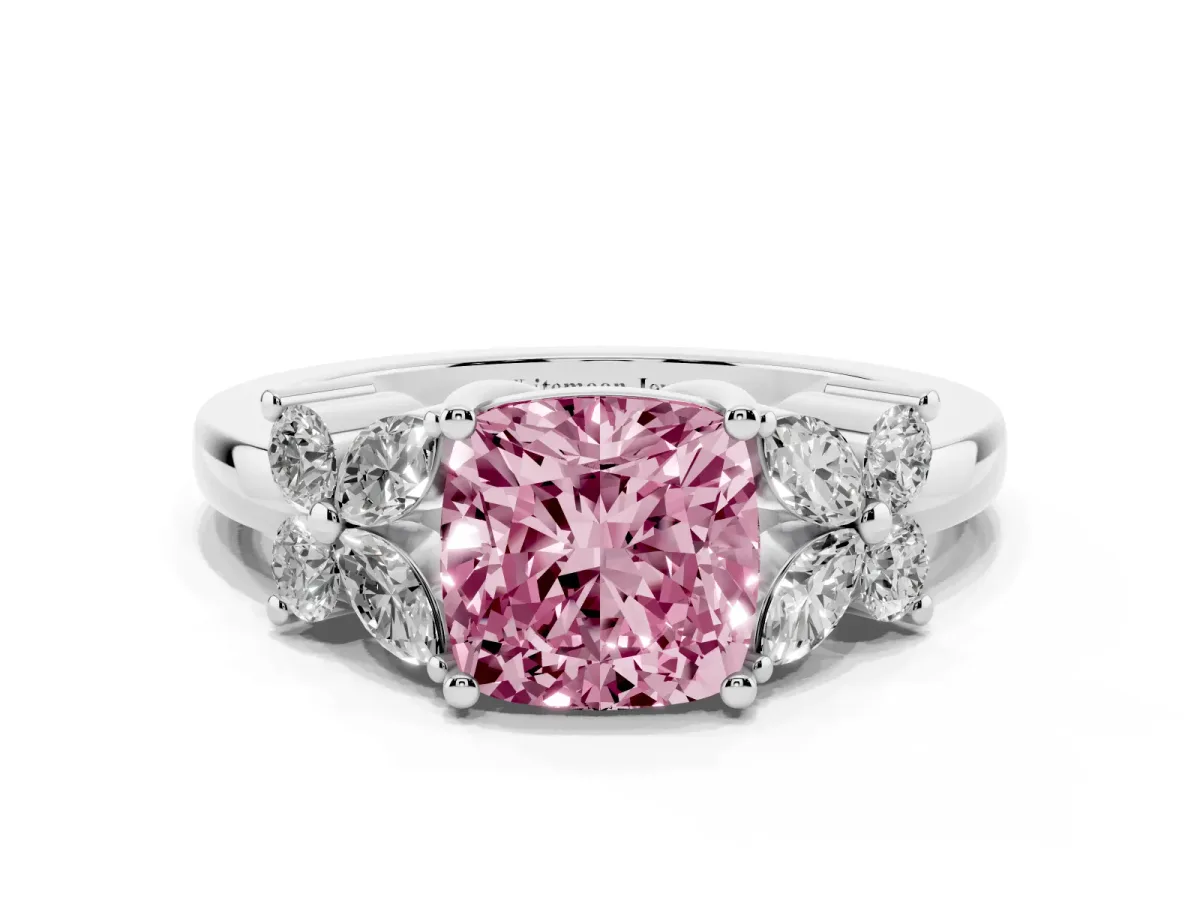 Fancy Pink Cushion Cut Diamond Floral Cluster Ring with Solitaire Band and Prong Setting White gold