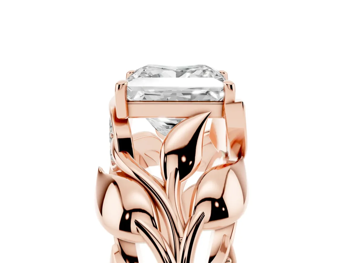 Princess Cut Diamond Leaf-Inspired Engagement Ring with Round Accents and Prong Setting Rose gold