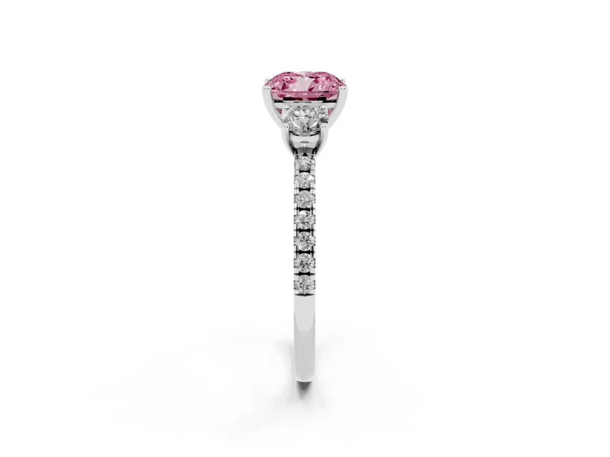 Fancy Pink Three-Stone Cushion Cut Cut Diamond Pavé Band with Prong Setting Platinum