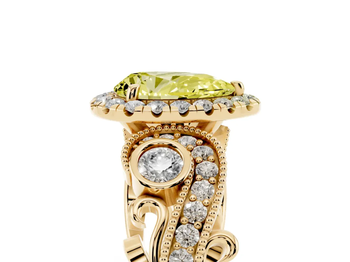 Fancy Yellow Pear Cut Diamond Halo Ring with Milgrain Pavé Band and Four-Prong Setting Yellow gold