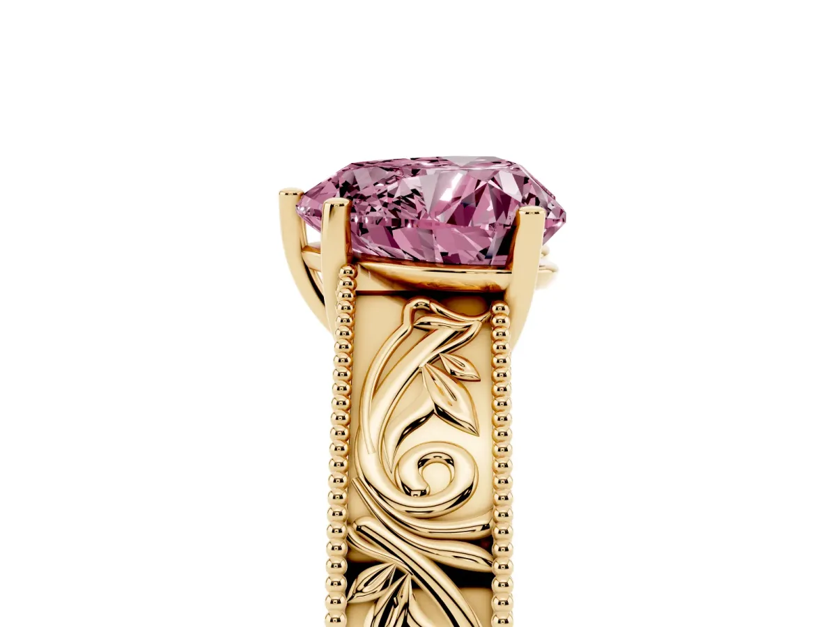 Fancy Pink Heart Cut Diamond Solitaire Ring with Engraved Band and Four-Prong Setting Yellow gold