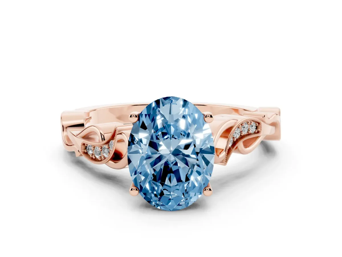 Fancy Blue Oval Cut Solitaire Vine Band with Milgrain Prong Setting Rose gold