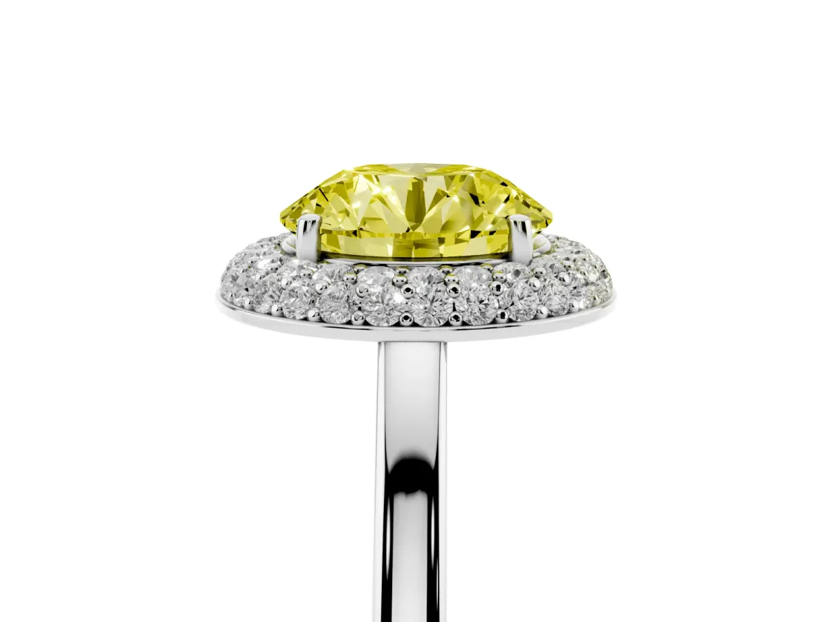 Fancy Yellow Round Cut Halo Diamond Engagement Ring with Solitaire Band and Four-Prong Setting Platinum