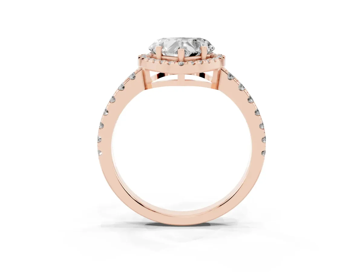 Heart Cut Diamond Halo Ring with Pavé Band and Four-Prong Setting Rose gold