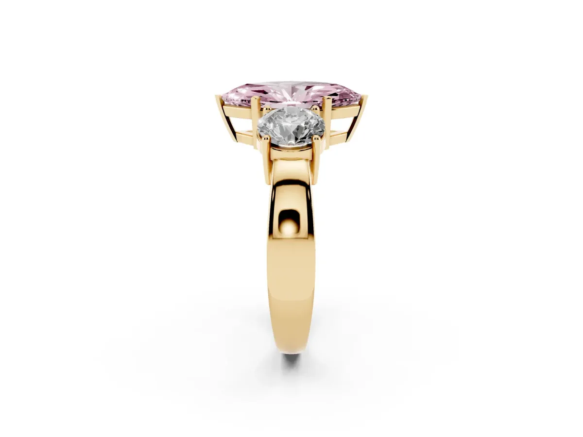 Fancy Pink Three-Stone Marquise Cut Diamond Ring with Round Side Stones, Classic Band, and Four-Prong Setting Yellow gold