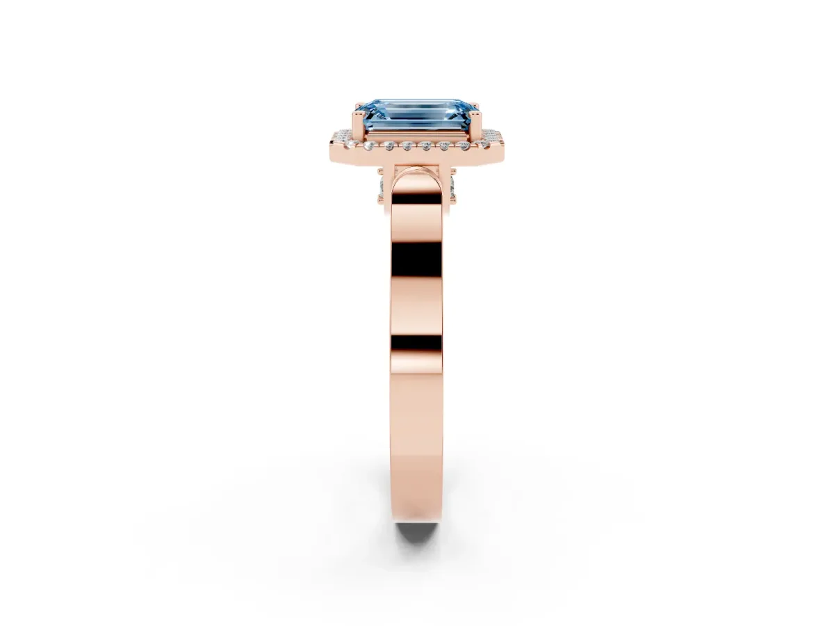 Fancy Blue Emerald Cut Halo Pave Split Shank Prong Setting Ring Rose gold