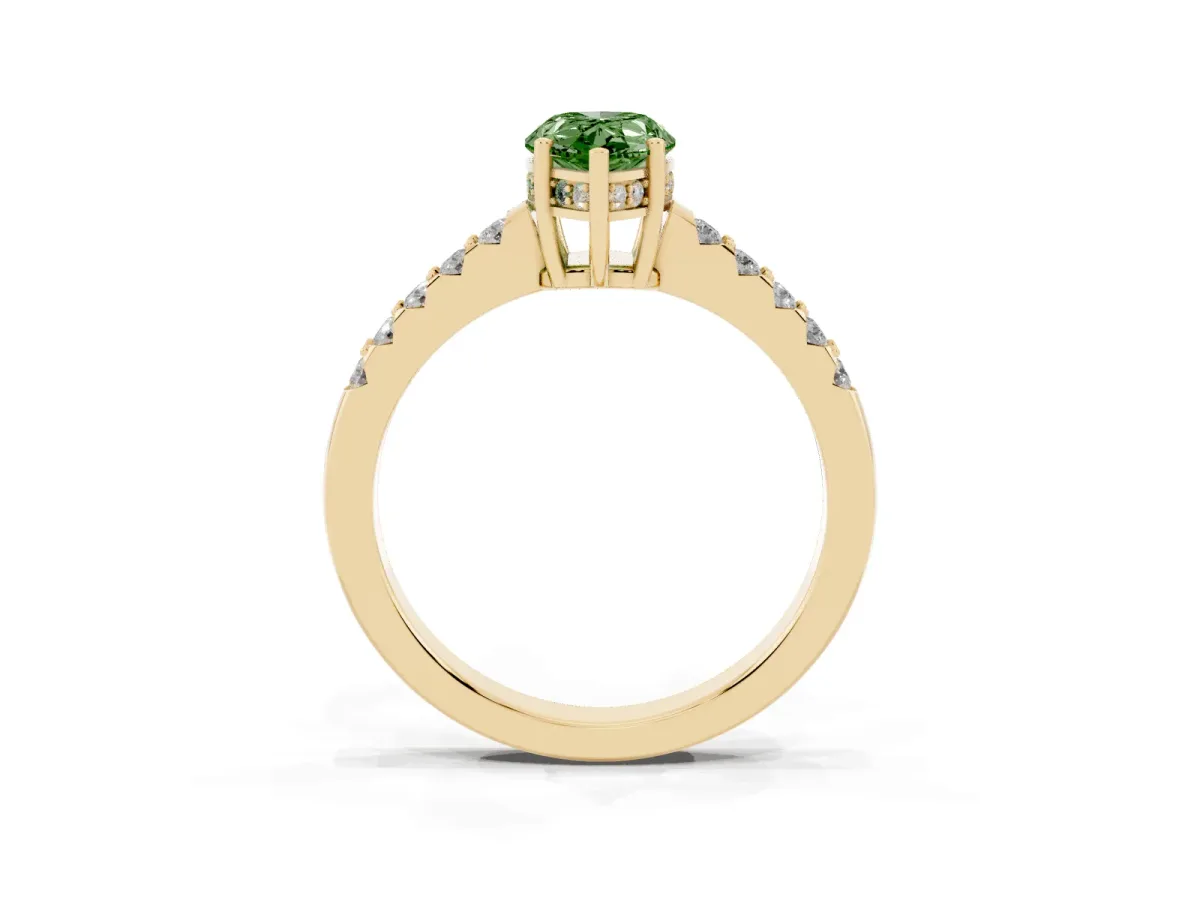 Fancy Green Pear Cut Solitaire Diamond Engagement Ring with Pavé Band and Six-Prong Setting Yellow gold
