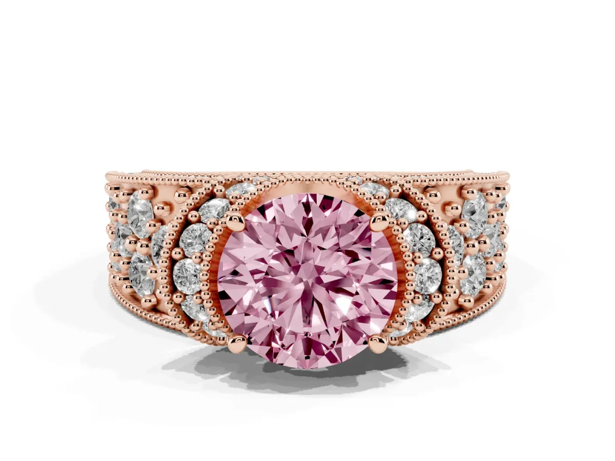 Fancy Pink Round Cut Halo Pave Diamond Engagement Ring with Milgrain Detailing Rose gold