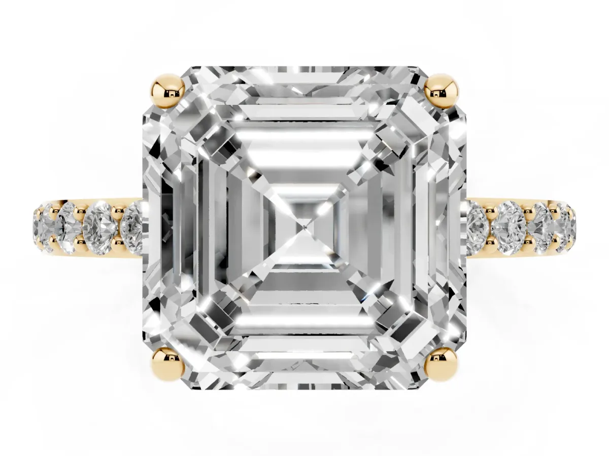 Asscher Cut Diamond Solitaire Ring with Round Pavé Band and Prong Setting Yellow gold