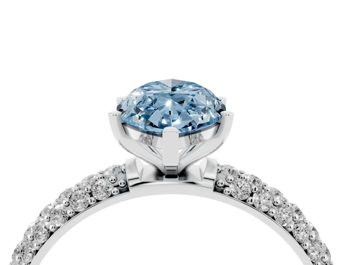 Fancy Blue Marquise Cut Diamond Solitaire Ring with Prong Setting and Pavé Band Silver