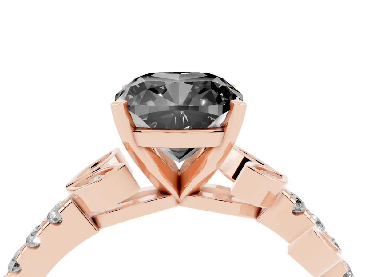 Fancy Black Cushion Cut Solitaire Leaf-Inspired Diamond Ring with Pavé Band and Four-Prong Setting Rose gold