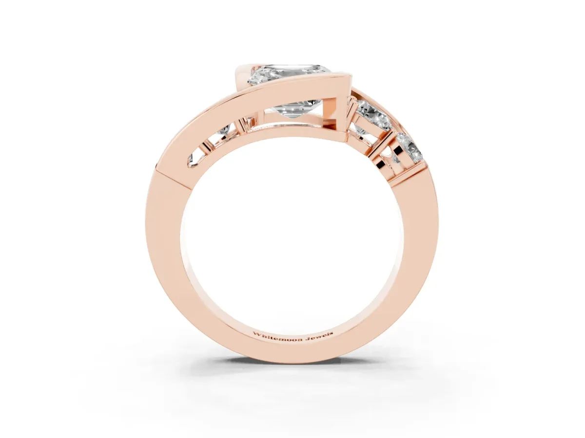 Bezel Set Asscher Cut Diamond Bypass Ring with Round Accents Rose gold
