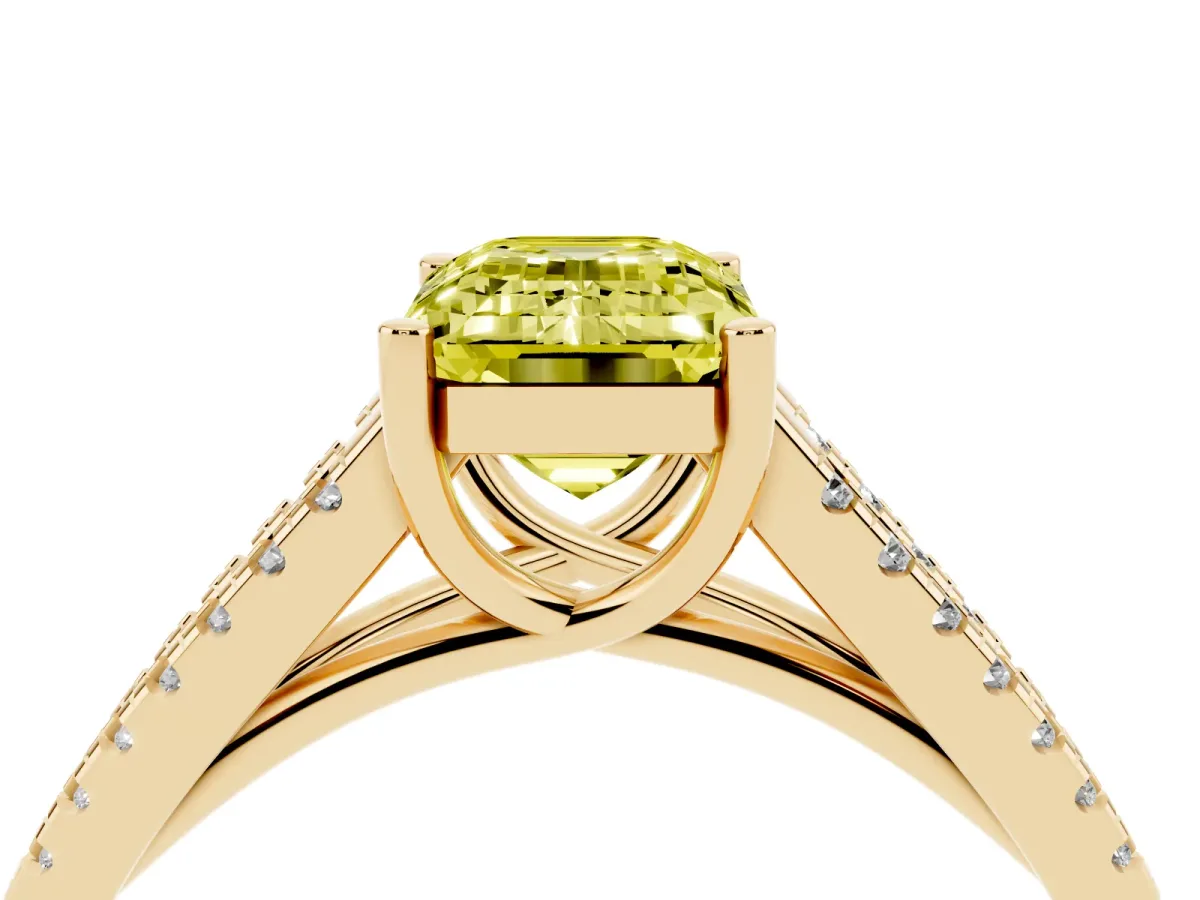Fancy Yellow Emerald Cut Diamond Solitaire Engagement Ring with Split Shank Pavé Band Yellow gold