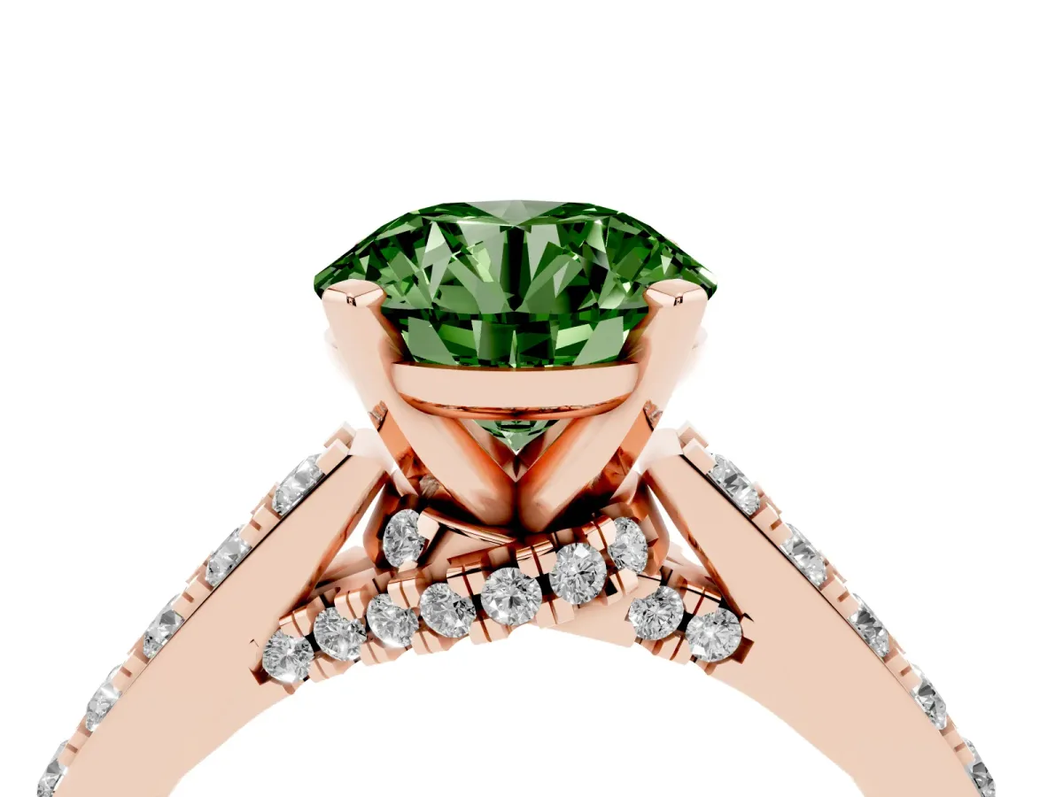 Fancy Green Round Cut Diamond Solitaire Ring with Crossover Gallery and Round Pavé Band Rose gold