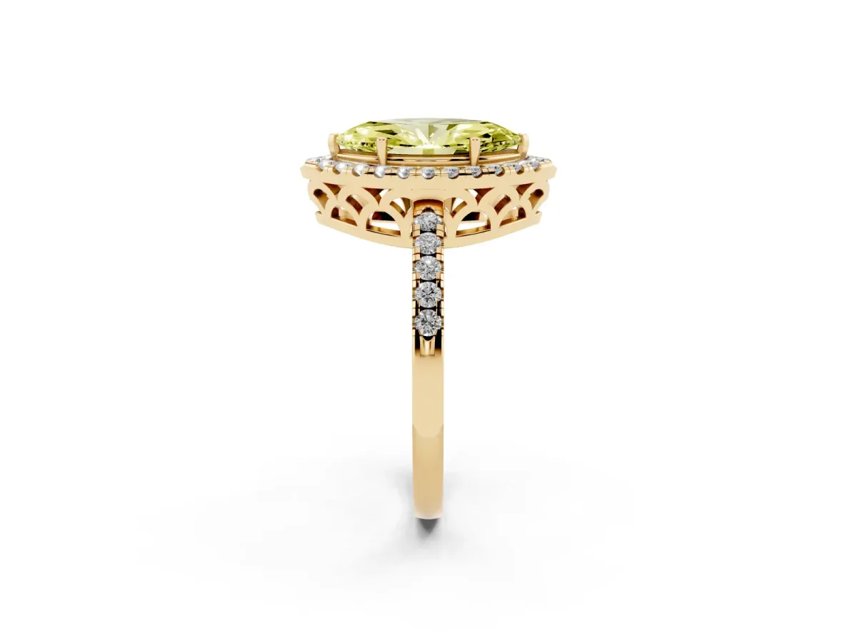 Fancy Yellow Marquise Cut Halo Diamond Engagement Ring with Pavé Band and Four-Prong Setting Yellow gold