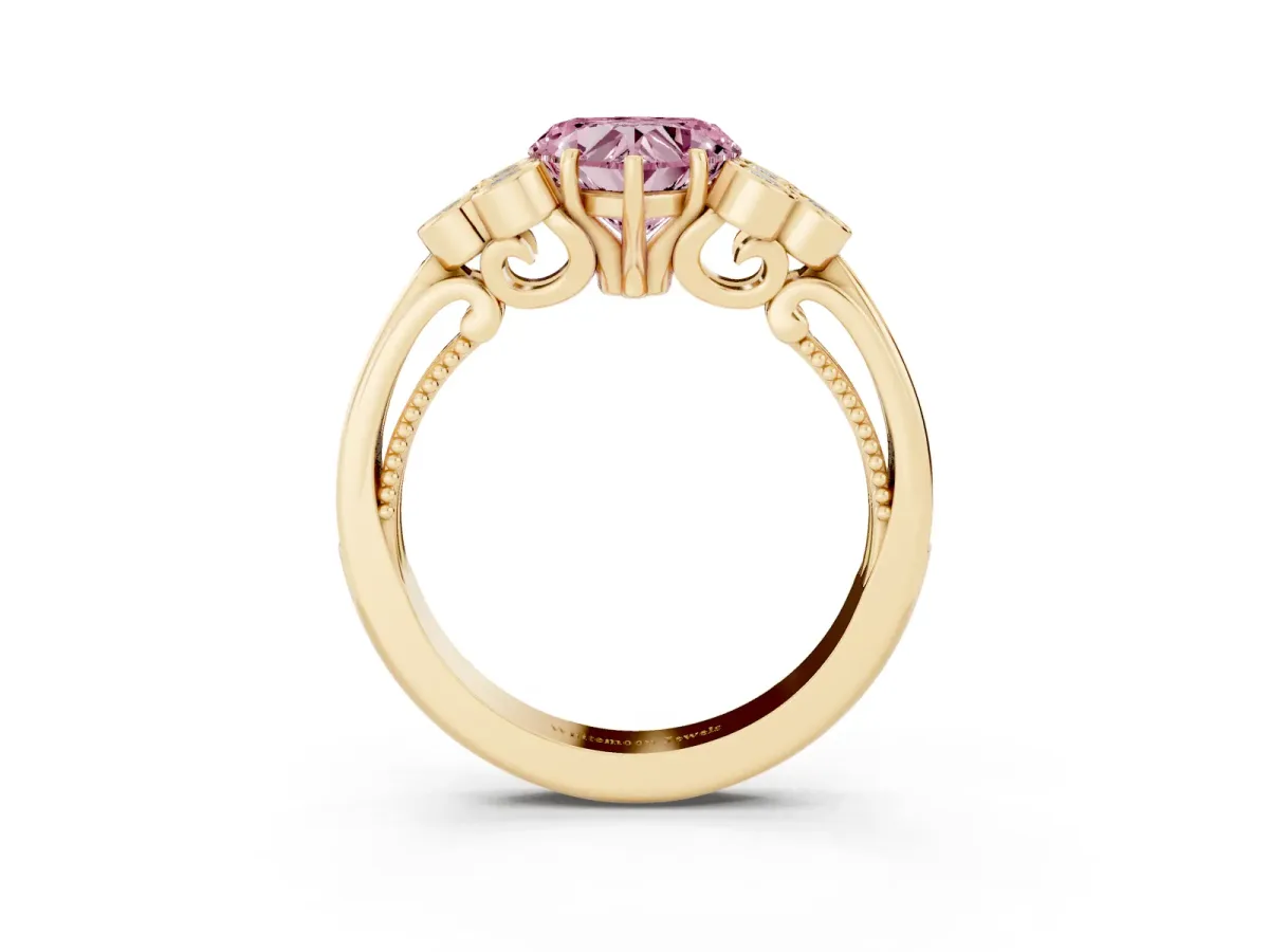 Fancy Pink Heart Cut Cut Diamond Engagement Ring with Bezel Set Round Side Stones and Prong Setting Yellow gold