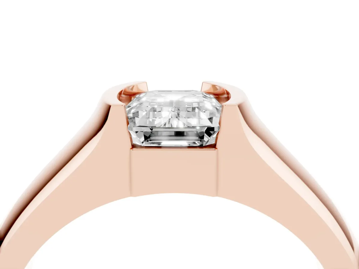 Emerald Cut Solitaire Bezel Set Diamond Ring with Wide Band Rose gold