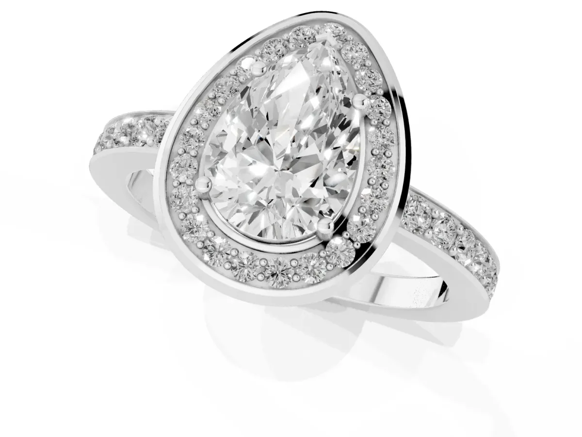 Pear Cut Diamond Halo Ring with Bezel Frame and Pavé Band Silver