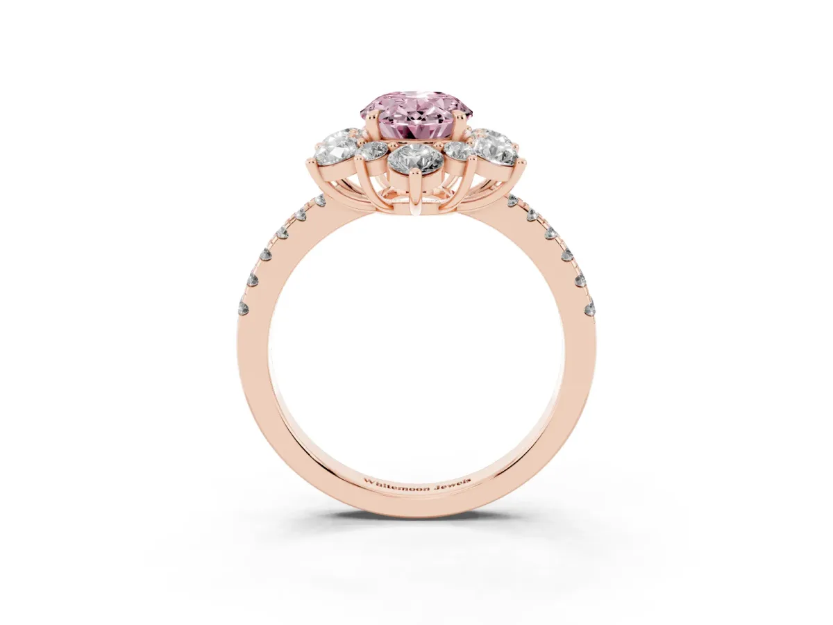 Fancy Pink Oval Cut Diamond Floral Halo Ring with Round Pavé Band and Prong Setting Rose gold